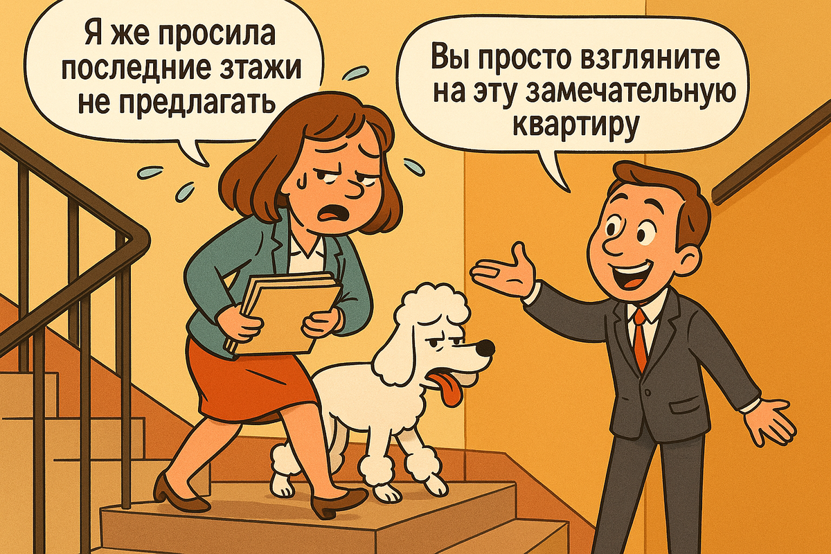 И такое было, идем и идем по лестнице с агентом, хотя я даже не обзванивала квартиры на последних этажах.