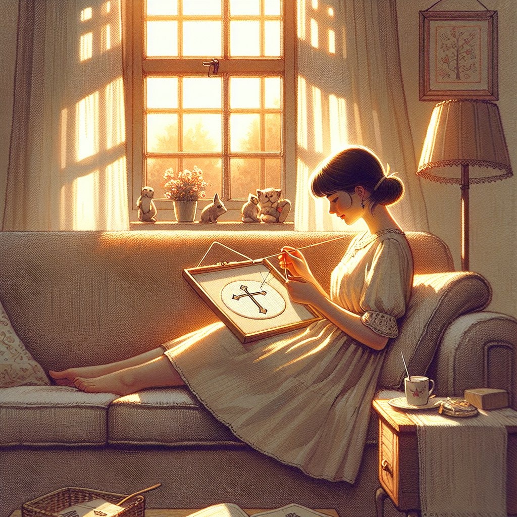 Случайный образ вышивальщицы, сгенерированный в DALLE Robot. С промтом, если честно, вообще не заморачивалась