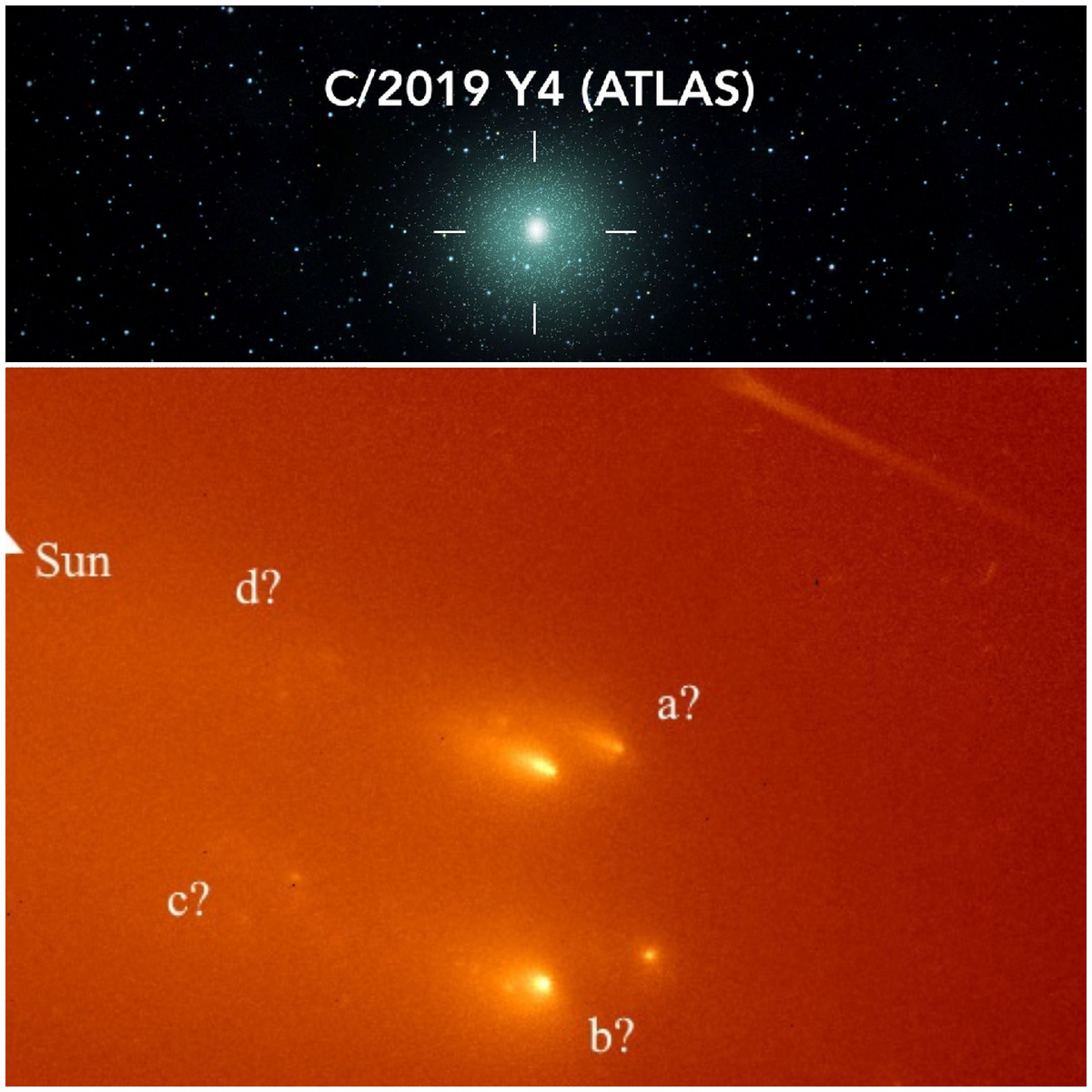 На снимке видно, что ядро кометы распалось как минимум на четыре фрагмента (обозначены буквами a, b, c, d) / © University of Maryland / Автор: Павел Сорокин