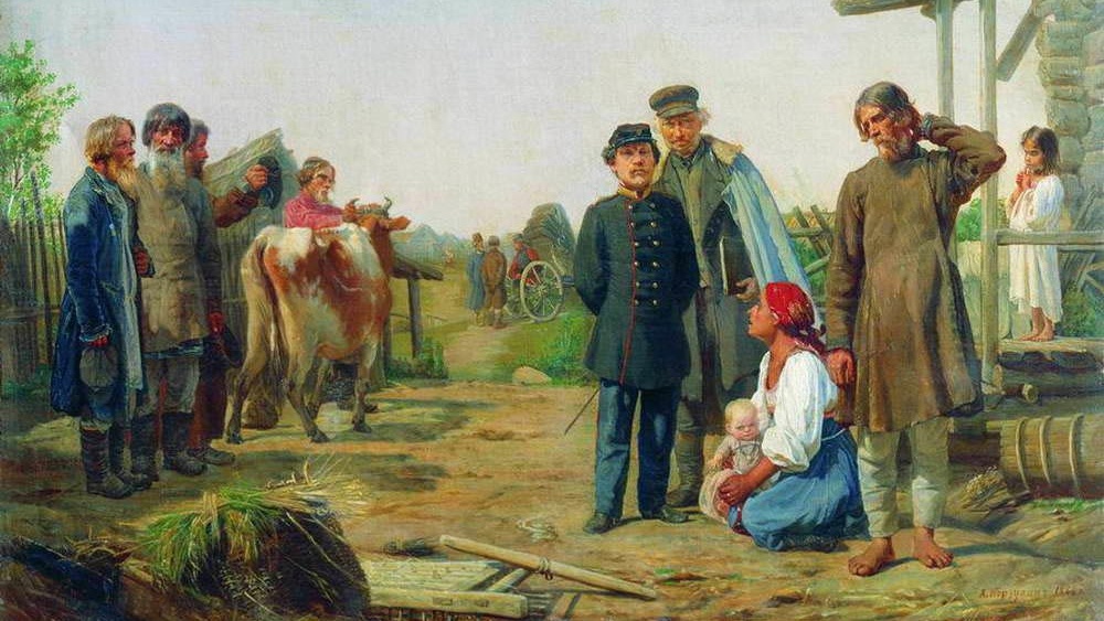«Сбор недоимок (Уводят последнюю корову)». Картина А. Корзухина, 1868