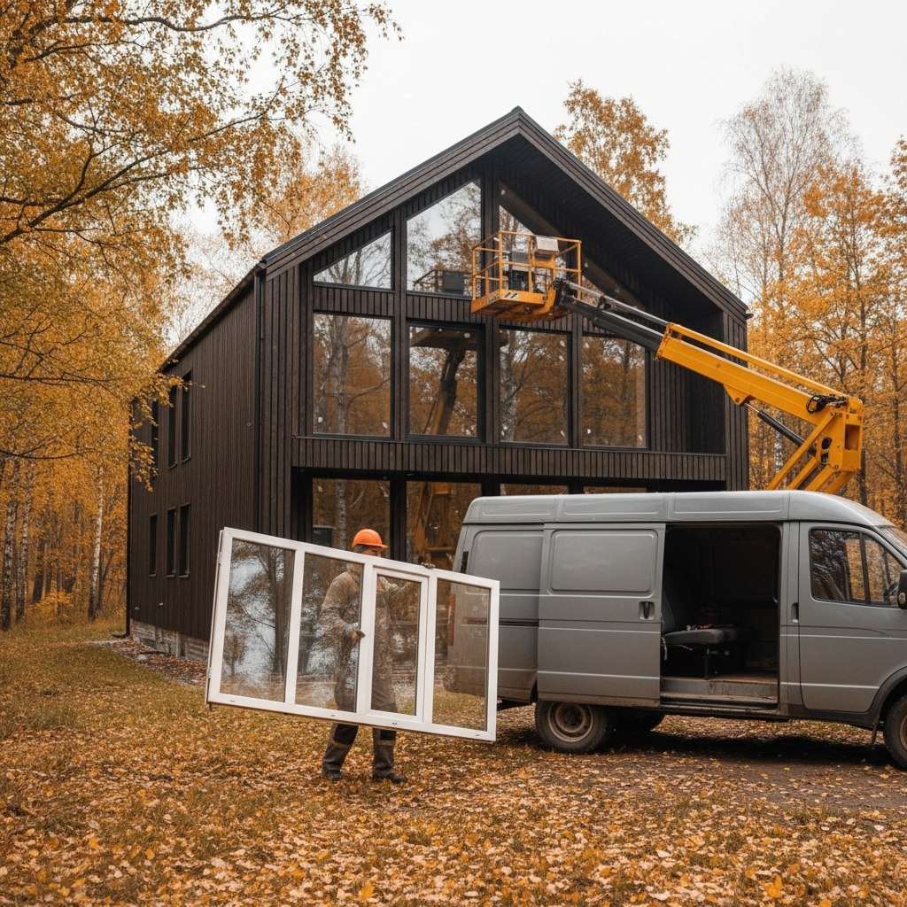 Монтаж стеклопакета на реальном объекте: показано, как заводская бригада работает с крупными конструкциями.