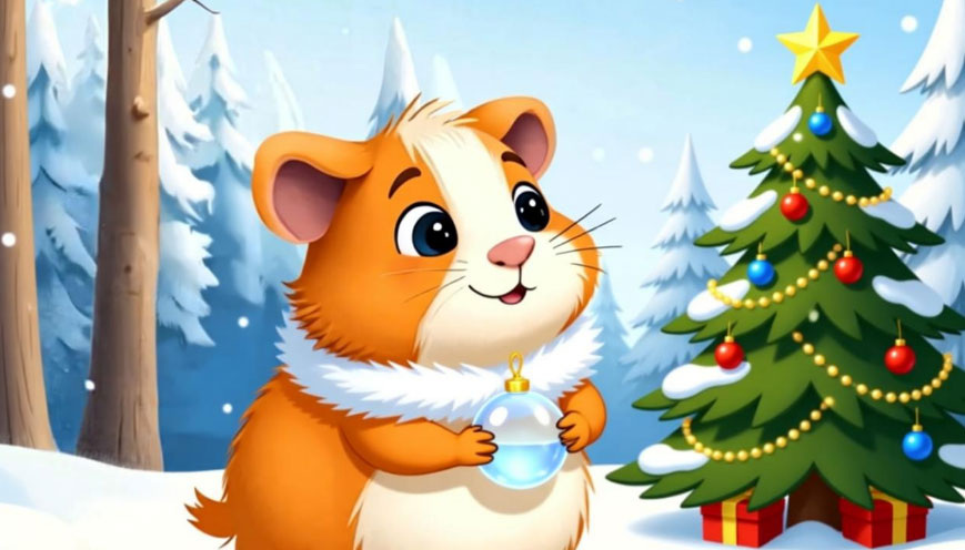 Лолли и Пушинка украшали шары лентами и блёстками, а Коржик помогал подвесить их на ветки ёлки. 