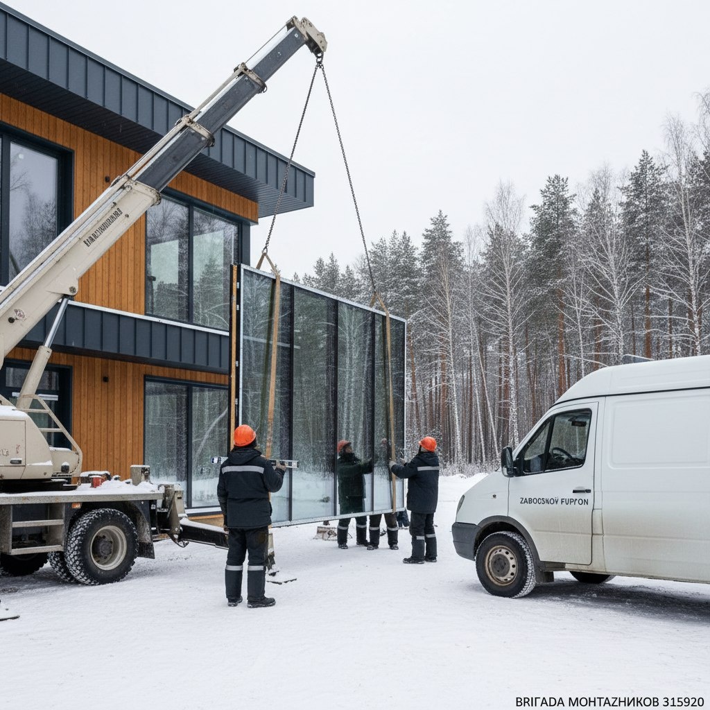 Монтаж окон KBE на объекте: заводская бригада, контроль уровня, аккуратная установка.