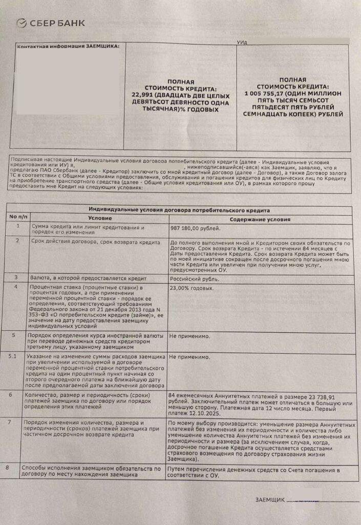 Кредитный договор в ПАО "Сбербанк"