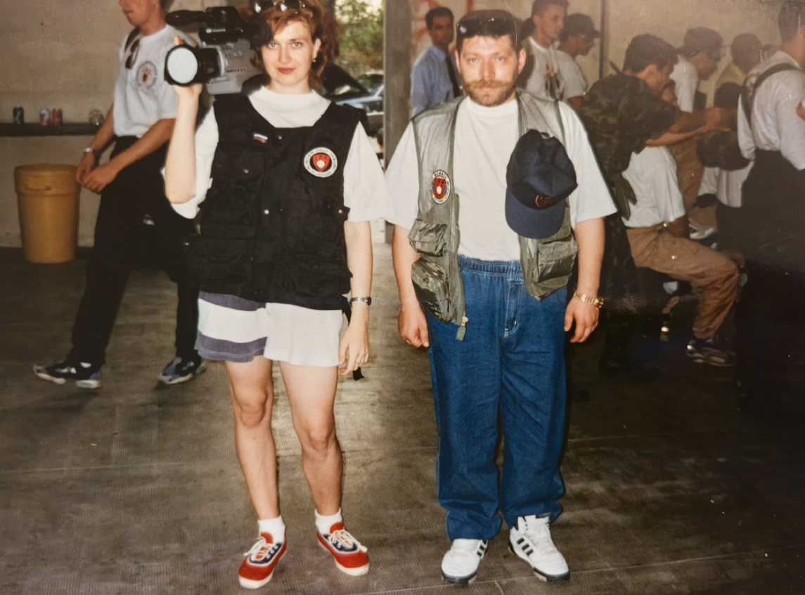 Наш друг и коллега Валерий Ловягин. Девушка из краснояркого регионального ТВ. Италия, Болонья, 1997 год. 