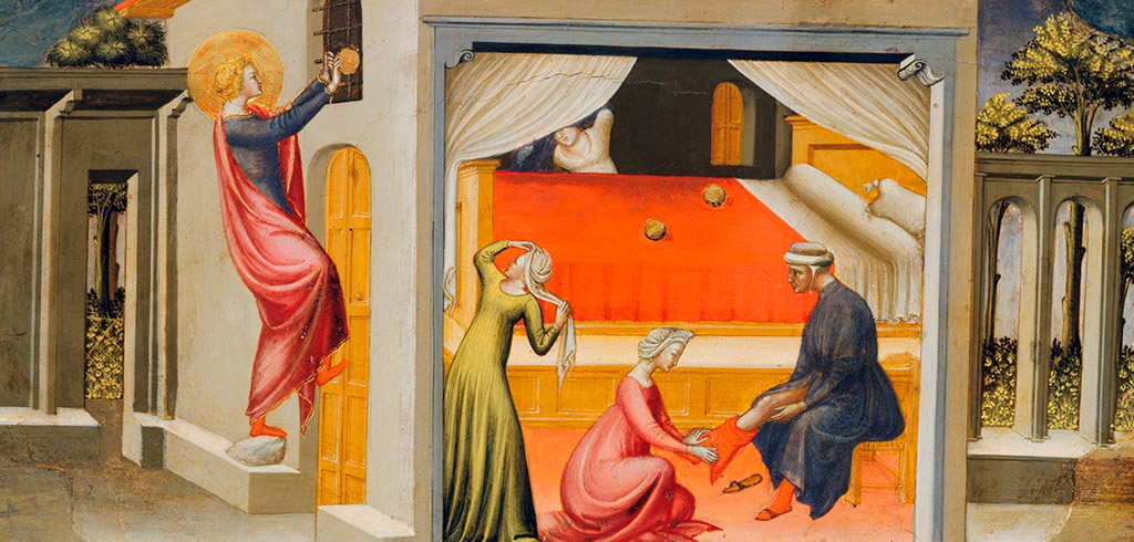 Святой Николай подбрасыет мешочки с золотом в окна беднякам