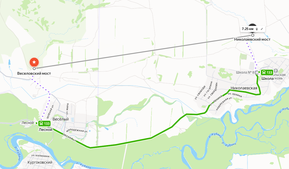 Схема местонахождения мостов и маршрутов автобусов между Веселым и Николаевской. Яндекс.Карты