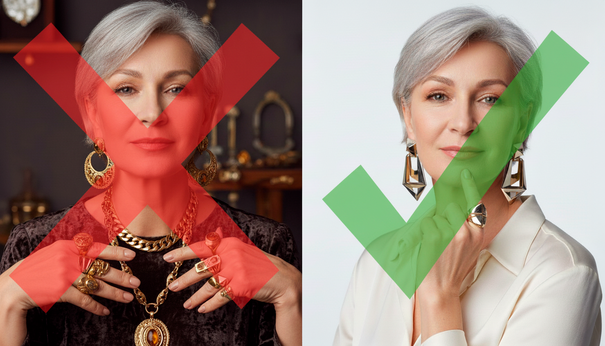 Слева — «ходячий золотой запас» страны. Выглядит тяжело и старомодно. Справа — женщина, которая управляет украшениями, а не наоборот. Чувствуете разницу в статусе?