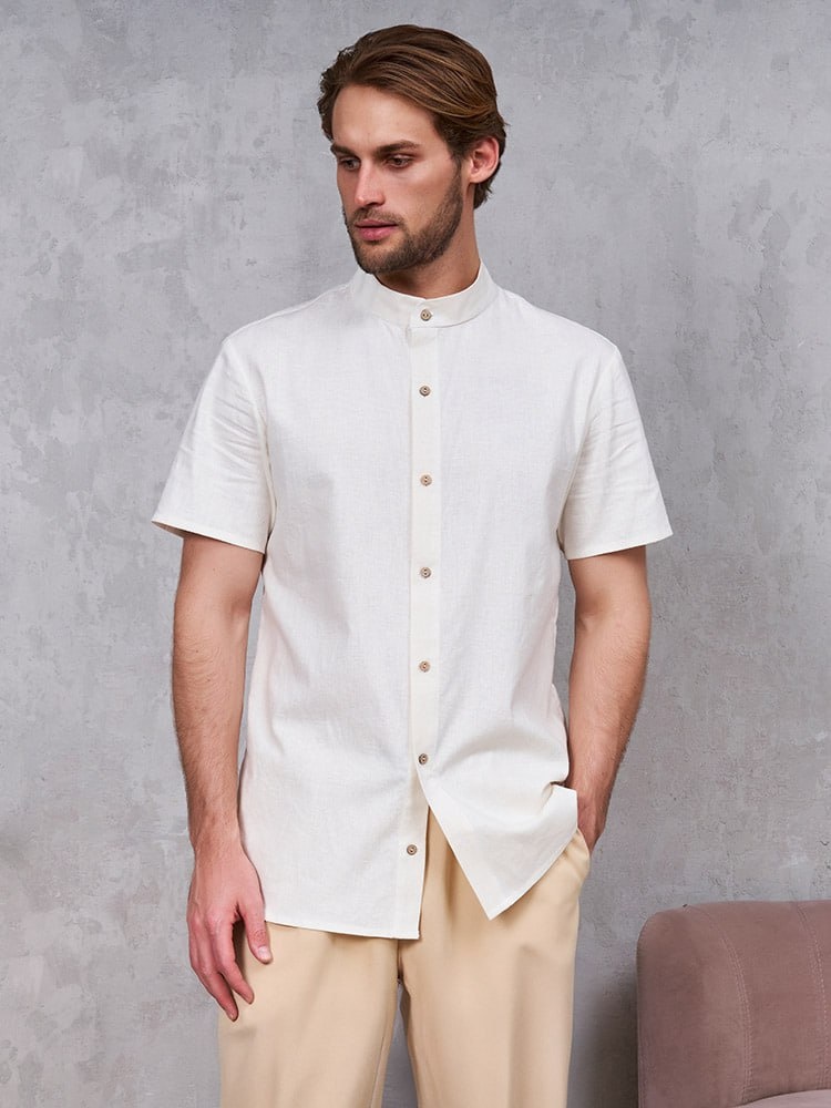 Мужская рубашка из конопли белая короткий рукав Uzor Wear