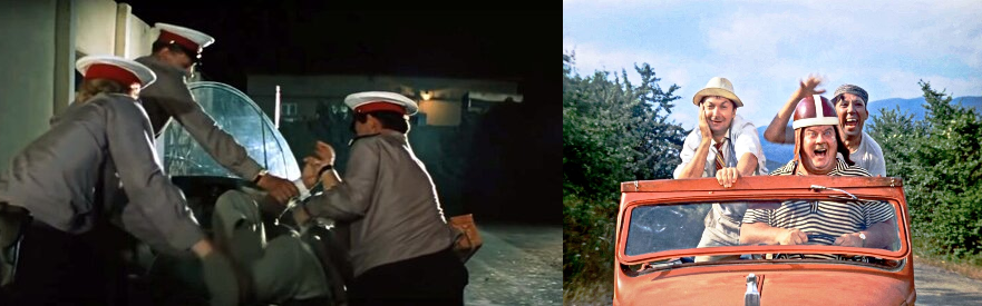 Коллаж кадров из советских комедий Гайдая «Бриллиантовая рука» и «Кавказская пленница...»