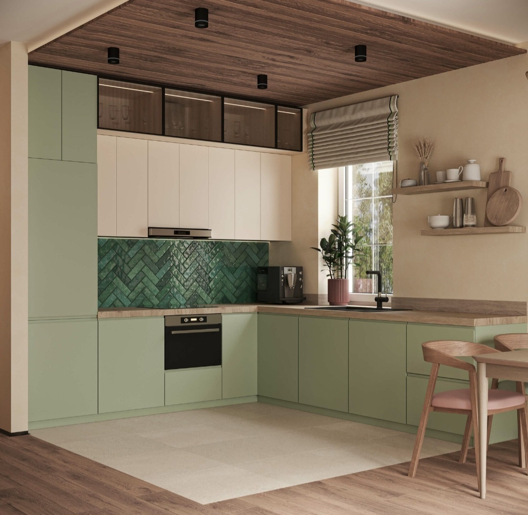 Припыленный шалфей на фасадах кухни в одном из наших проектов.
Дизайн и визуализация Марии Шкредовой.
