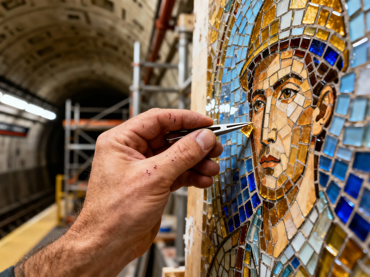 Искусство, которое просыпается от грома поездов. Смальта в метро не просто висит на стене — она живёт в ритме подземки, загораясь на миг для каждого проезжающего.