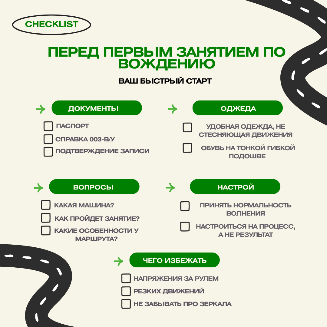 Чек-лист первого урока по вождению