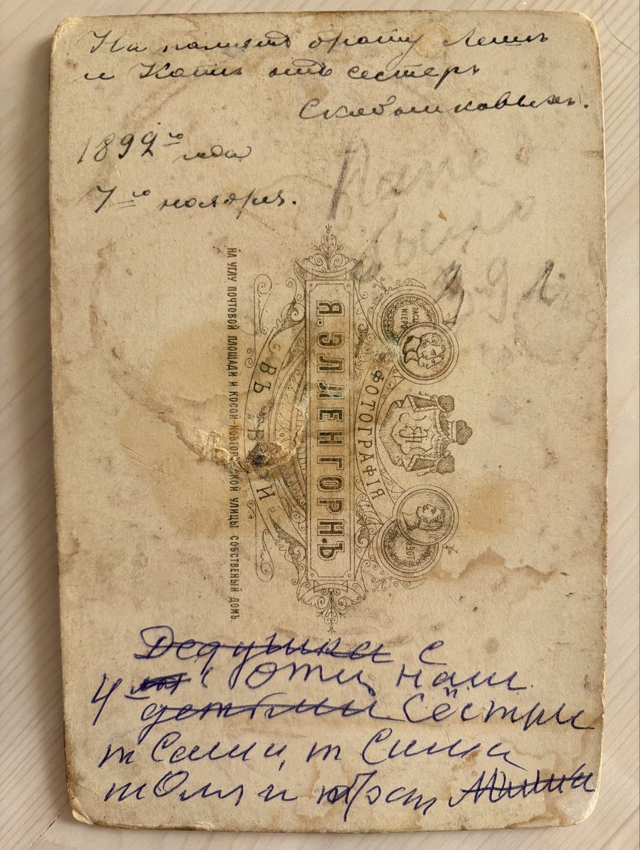 "На память брату Леше и Косте
от сестер Скобниковых

1892 года 7 го ноября
Папе было 39 лет

Дедушка отец наш с 4 детьми
сестры Саша, Сима, Оля и брат Миша"