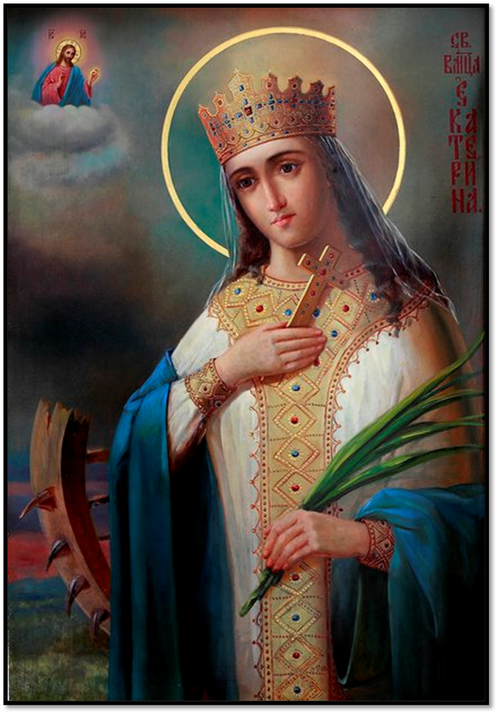  Спаситель дарит святой Екатерине обручальный перстень. Эта икона великомученицы Екатерины, написанная в XIX веке, находится ныне в Свято-Екатерининском кафедральном Cоборе города Краснодара