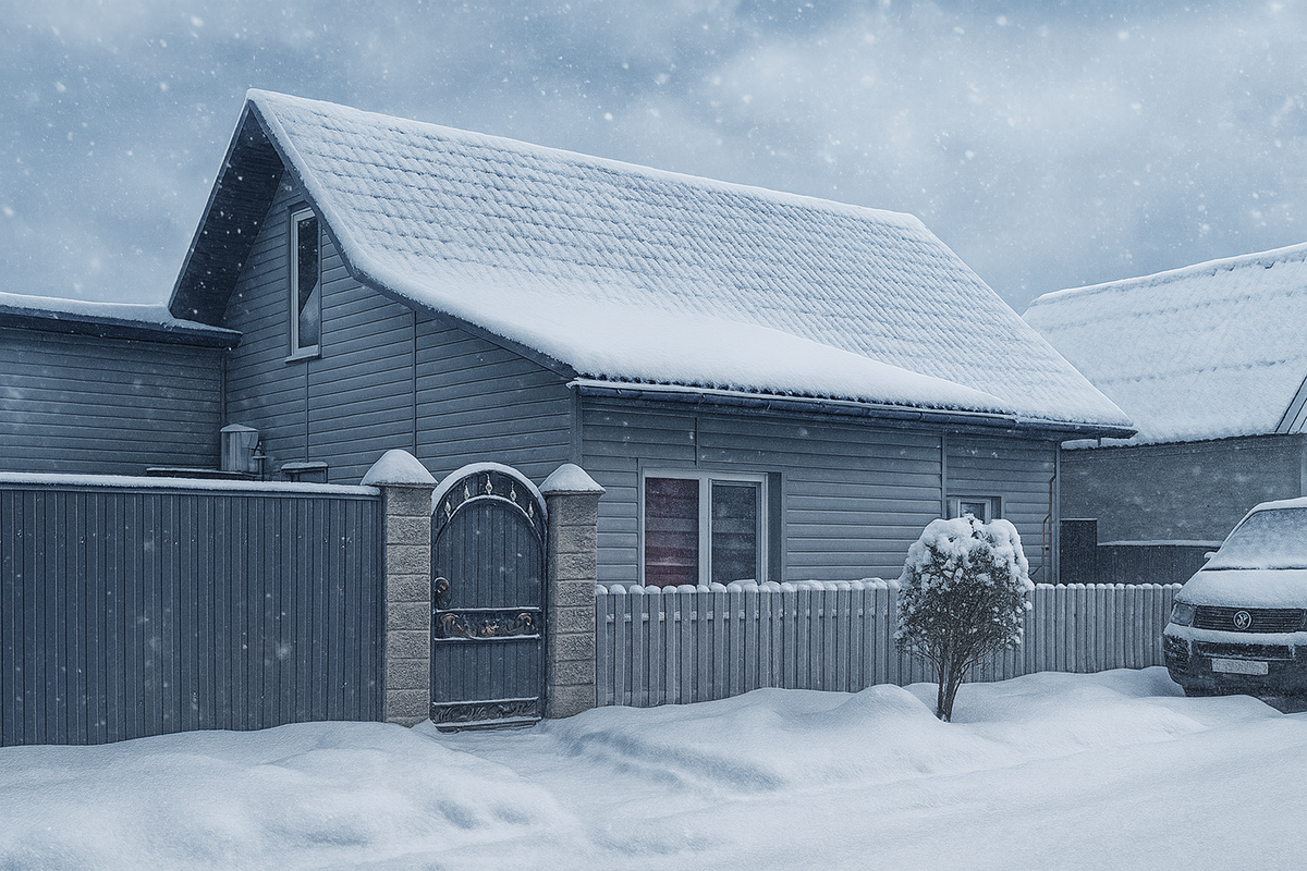 Зимний пейзаж - Кровля Гумибо под снежным покровом. 