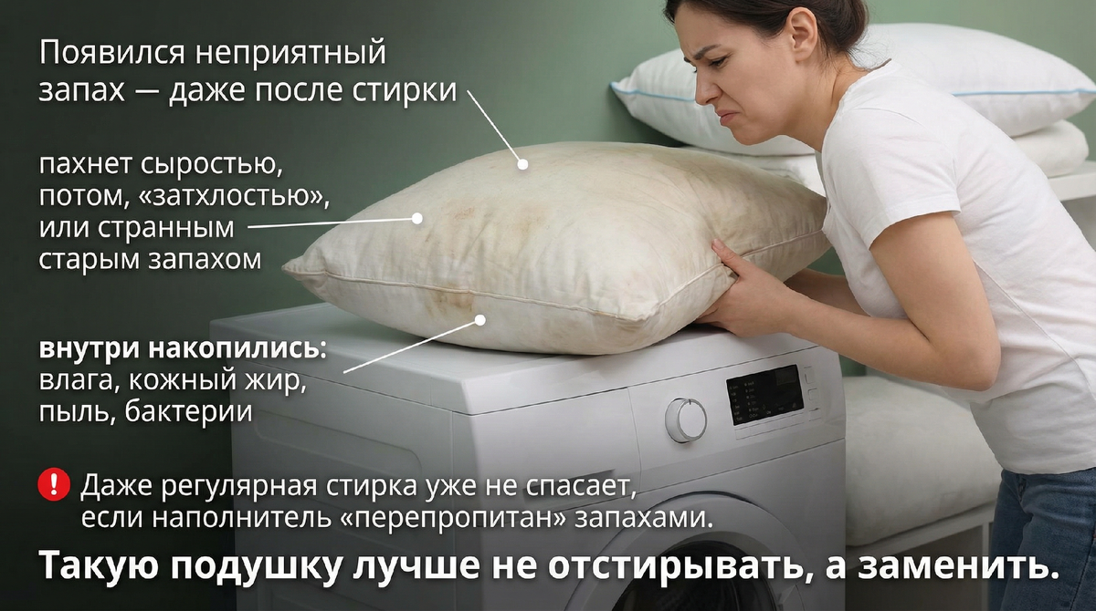 Появился неприятный запах — даже после стирки? Не отстирывать подушку, а заменить!