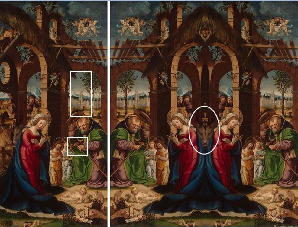 «Поклонение младенцу Христу», Гандольфино да Рорето. с пометками зеркального отражения