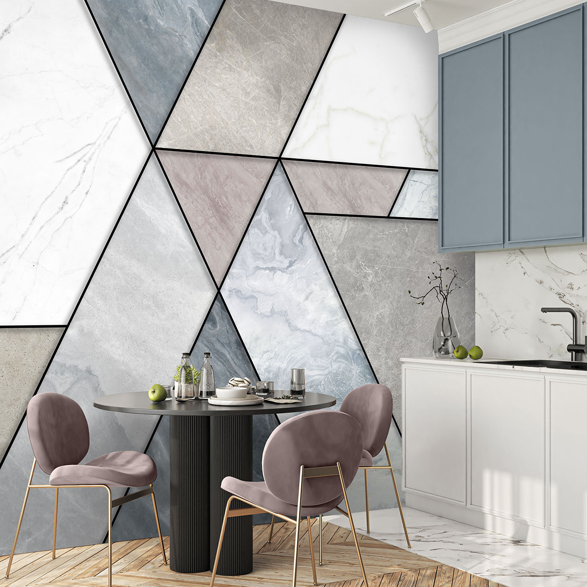 Пример интерьера кухни с компактной обеденной зоной. Отделка стены - флизелиновые фотообои VEROL. Артикул на WB: 256302490.