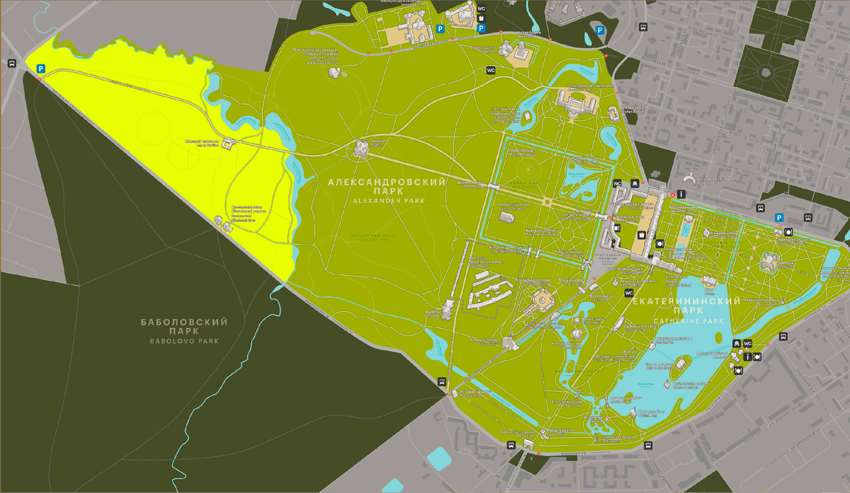 Район Ламских прудов (отмечен желтым цветом) в Царскосельских парках. Схема Александра Новикова