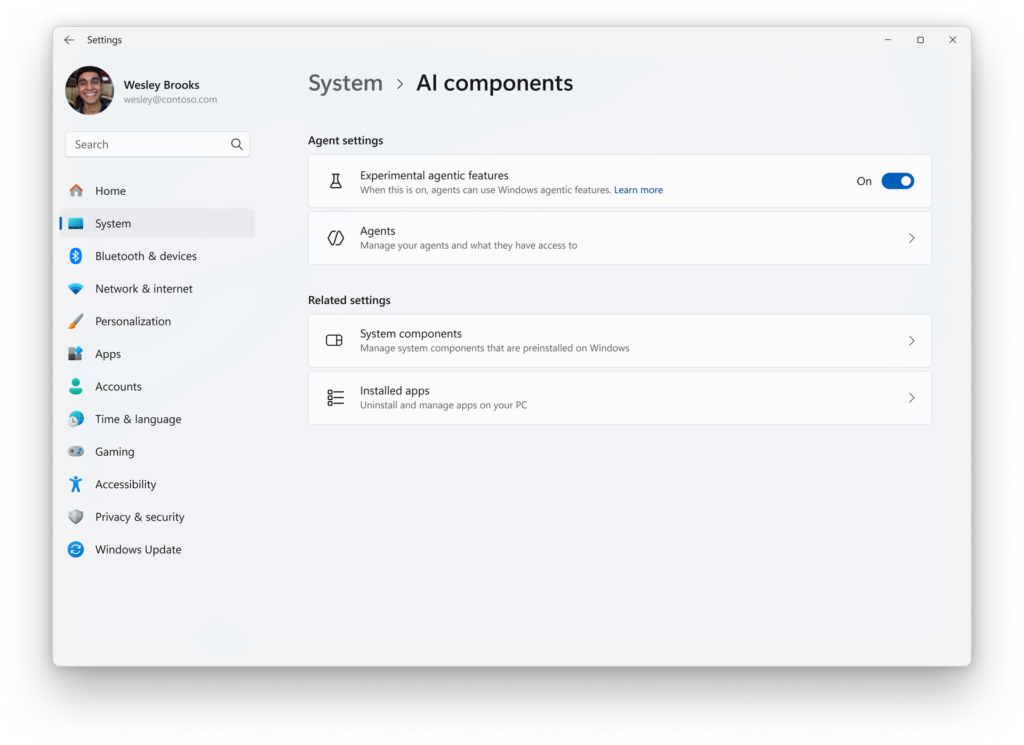 Изображение: Microsoft. Включение/отключение экспериментальных функций "умных агентов" с помощью нового пункта "Экспериментальные функции агента", доступного на странице "Система" → "Компоненты ИИ" в приложении "Параметры".