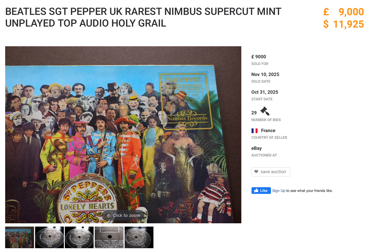 💊 2. The Beatles — Sgt. Pepper (UK Nimbus Supercut, MINT, Unplayed)
29 ставок. 💰 11.925 $