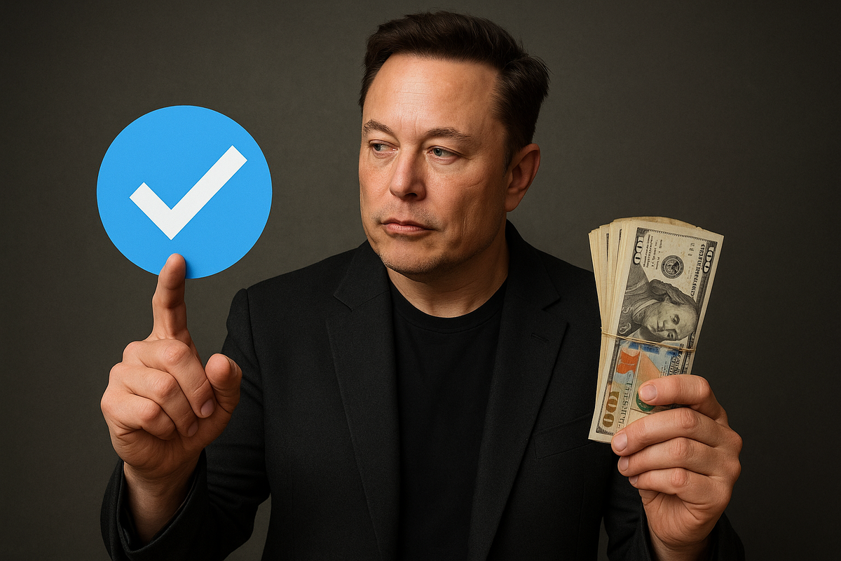Человек, похожий на Илона Маска одной рукой ставит "синюю галочку", а другой рукой берёт пачку денег. Генерация ИИ