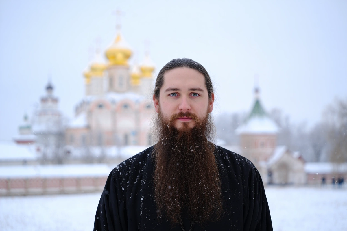 Священнослужитель с бородой среди зимнего храмового комплекса — образ, сохранивший древнюю традицию.