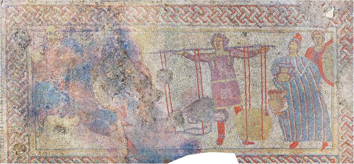 Часть Кеттонской мозаики, изображающая выкуп тела Гектора у Ахилла троянским царем Приамом. В руках у Приама два кувшина с золотом, а у Гомера правитель отдал за останки сына дорогие ткани, фото:ULAS
