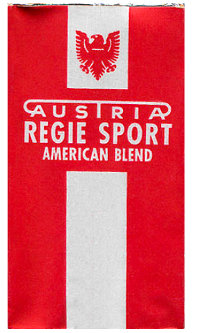 "Regie Sport" American Blend. Германия, 1951 год. 10 штук в мягкой упаковке. Цена (была) 1 немецкая марка. Производитель: Austria München. Владелец торговой марки: Österreichische Tabak-Regie. Выпускались с октября 1950 по январь 1952 года.