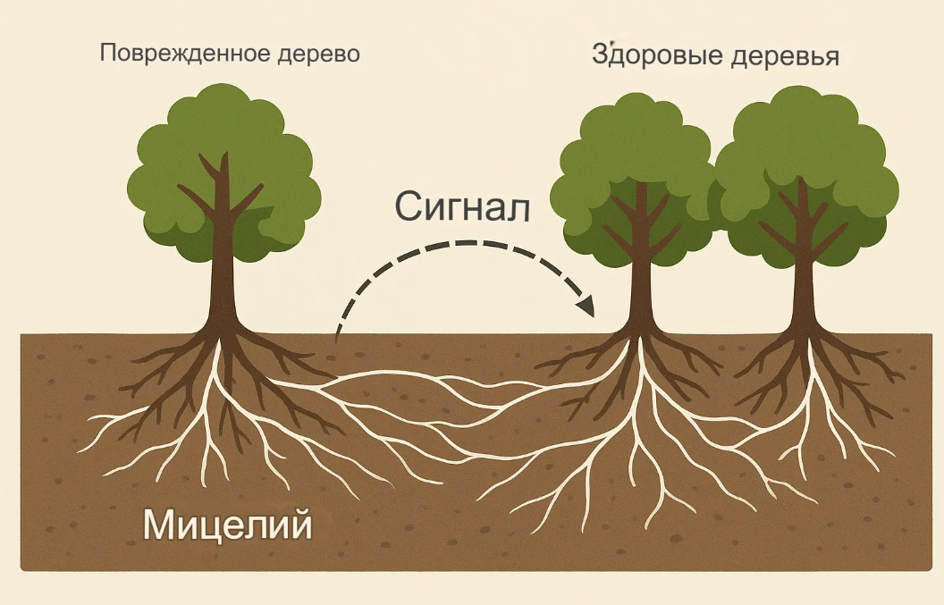 Схематичная инфографика, показывающая, как от поврежденного дерева по белым нитям грибницы сигнал передается на соседние, еще здоровые деревья. Стрелки и пояснения делают процесс наглядным
