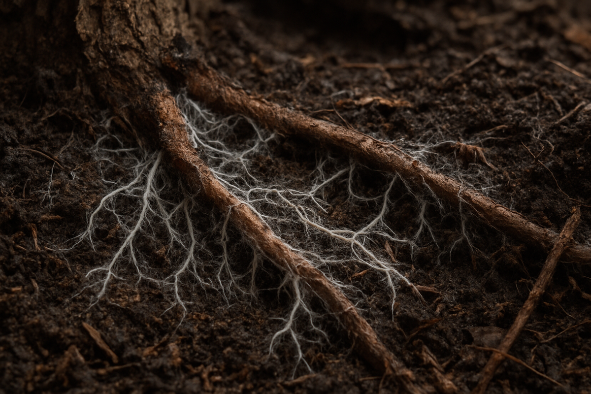 Фотография разреза лесной подстилки, где видны белые тонкие нити грибницы (гифы), оплетающие корни дерева и почву. Снимок крупным планом