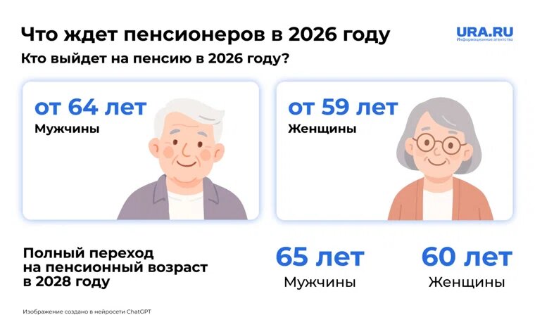 Пенсионный возраст в 2026 году. Фото: Инфографика URA.RU