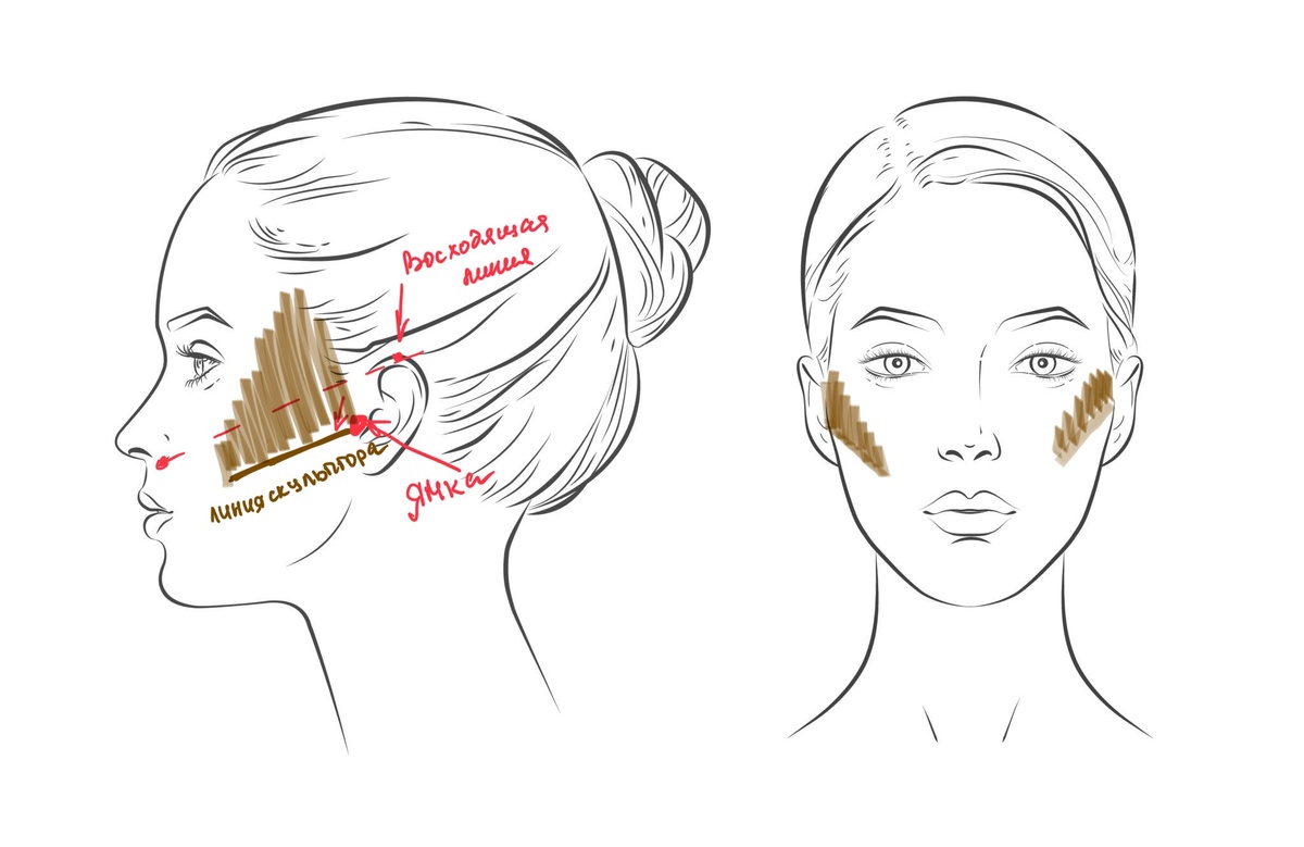 Находите свою восходящую линию по двум точкам и параллельно переносите ее в ямку под скулой, вот эта линия будет правильной для нанесения скульптора