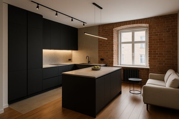 Кухня‑лофт в сталинке: кирпич, чёрный супермат и тёплый северный свет