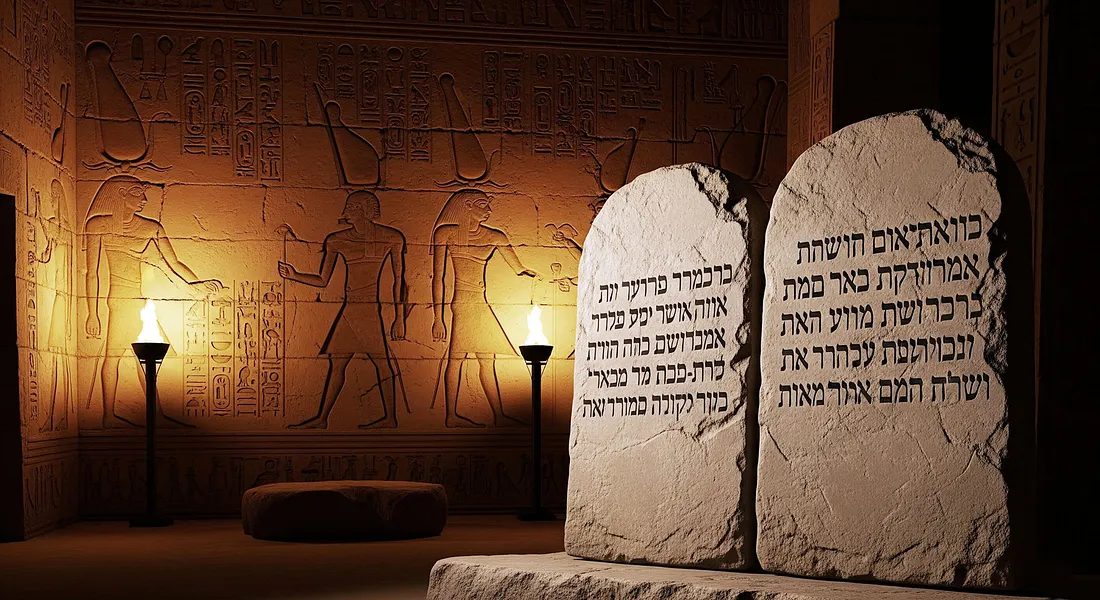 Десять заповедей, высеченные на фоне египетских иероглифов — напоминание о том, что еврейский закон был написан в тени Египта