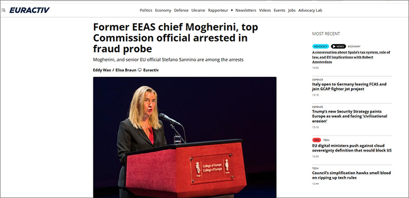    Бывшая глава европейской службы внешнеполитической деятельности Федерика Могерини и высокопоставленный чиновник Еврокомиссии арестованы по делу о мошенничестве. Скриншот: Euractiv