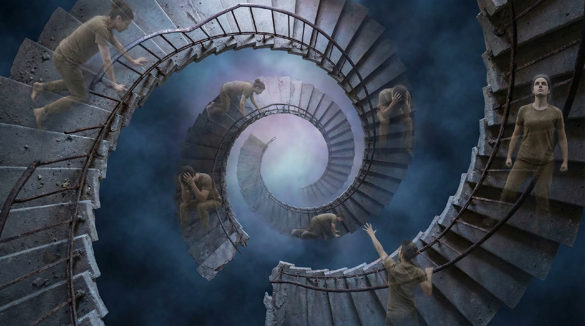 Мы не поднимаемся по ступеням горя — мы кружим в нём, встречая себя вчерашнего на каждом повороте.