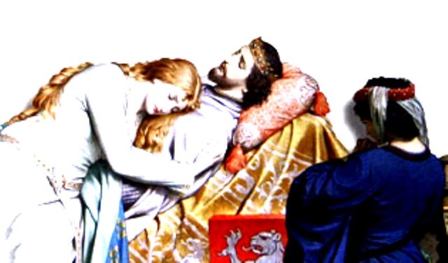 На смертном ложе Тристан и Изольда Белокурая, у ложа в стороне Изольда Белорукая - законная жена Тристана. Картинка из интернета