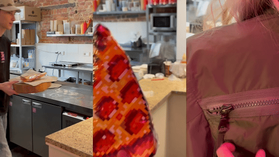 Чувак держится удивительно клиентоориентированно, десять дублей с картонной пиксельной пиццей — пожалуйста (впрочем, подруга с пиццей на спине тоже держалась хорошо)