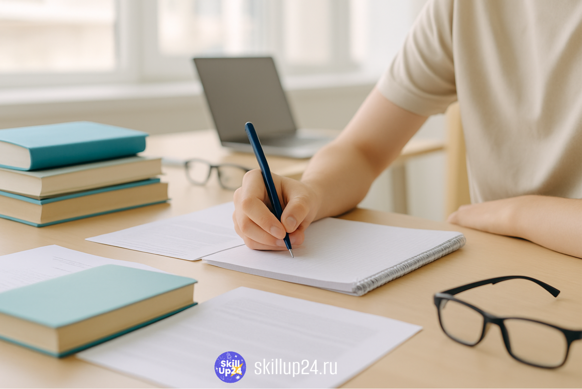 Рука выпускника пишет в тетради на светлом деревянном столе, рядом лежат учебники, распечатки и очки — спокойная атмосфера подготовки к ЕГЭ перед началом экзаменационного периода. Мягкий дневной свет, современный школьный стиль, акцент на сосредоточенности. Фото для онлайн-школы SkillUp24 в городах Астрахань, Барнаул, Владимир, Владивосток, Волгоград, Воронеж, Екатеринбург, Ижевск, Иркутск, Казань, Калининград, Кемерово, Киров, Краснодар, Красноярск, Липецк, Махачкала, Москва, Набережные Челны, Нижний Новгород, Новокузнецк, Новосибирск, Омск, Оренбург, Пенза, Пермь, Ростов-на-Дону, Рязань, Самара, Санкт-Петербург, Саратов, Сочи, Томск, Тольятти, Тула, Тюмень, Уфа, Ульяновск, Хабаровск, Чебоксары, Челябинск, Ярославль. ЕГЭ 2026 расписание, даты ЕГЭ 2026, когда ЕГЭ 2026, русский ЕГЭ дата, математика ЕГЭ 2026, расписание экзаменов ЕГЭ, подготовка к ЕГЭ 2026, пересдача ЕГЭ июль, ЕГЭ резервные дни, информатика КЕГЭ 2026, иностранный язык устная часть, экзамены 2026 расписание, экзамены 11 класс 2026