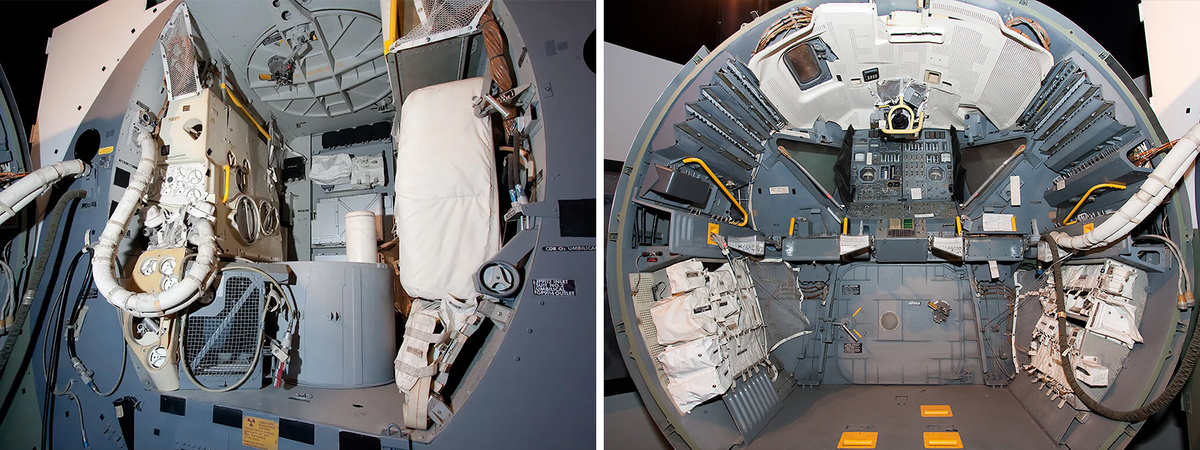 Слева – центральный отсек (по центру хорошо виден цилиндрический кожух двигателя), справа – отсек управления (под панелью управления виден люк, через который Нил Армстронг и Базз Олдрин выходили на поверхность Луны).