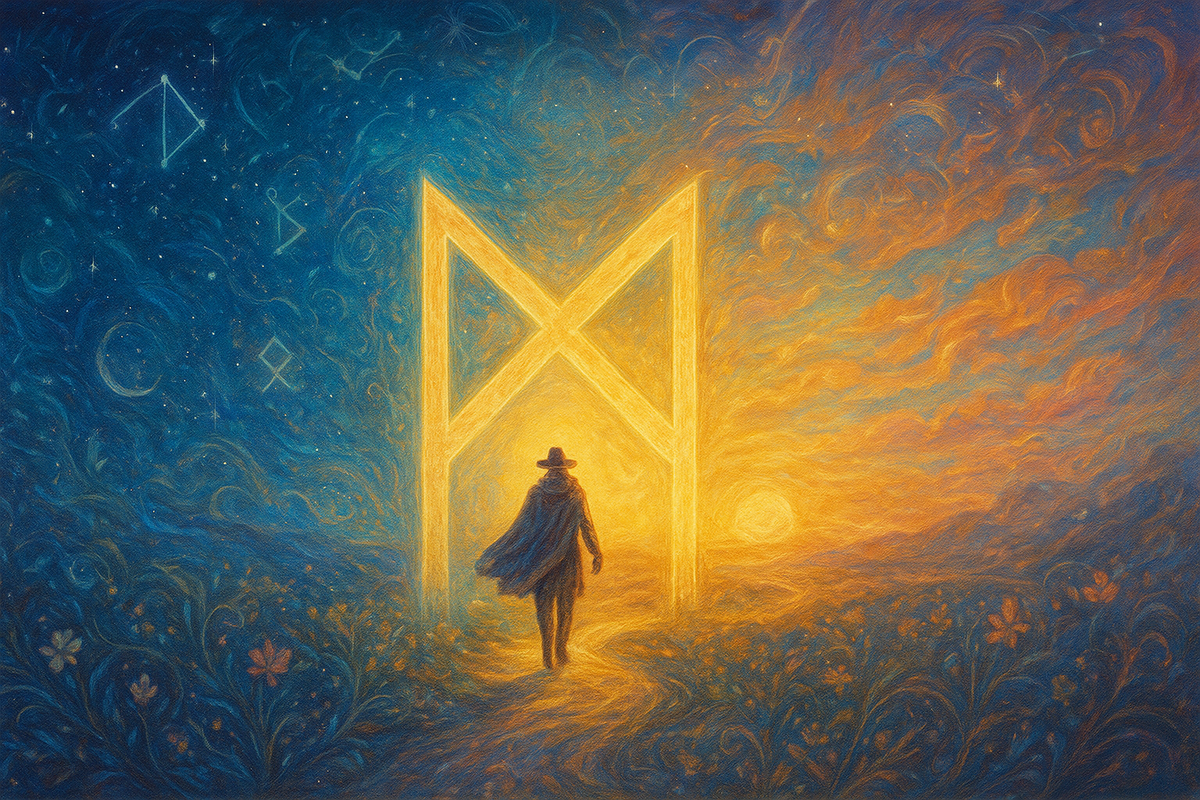 Мистическая иллюстрация к руническому раскладу на неделю: руна Дагаз открывает световой портал в новое будущее, а созвездия Беркана, Вуньо, Отила, Лагуз, Йера и Соулу подсвечивают Ваш путь. Идеальное визуальное послание для тех, кто любит гадания на рунах и ищет предсказание о том, какие перемены уже идут в его жизнь.