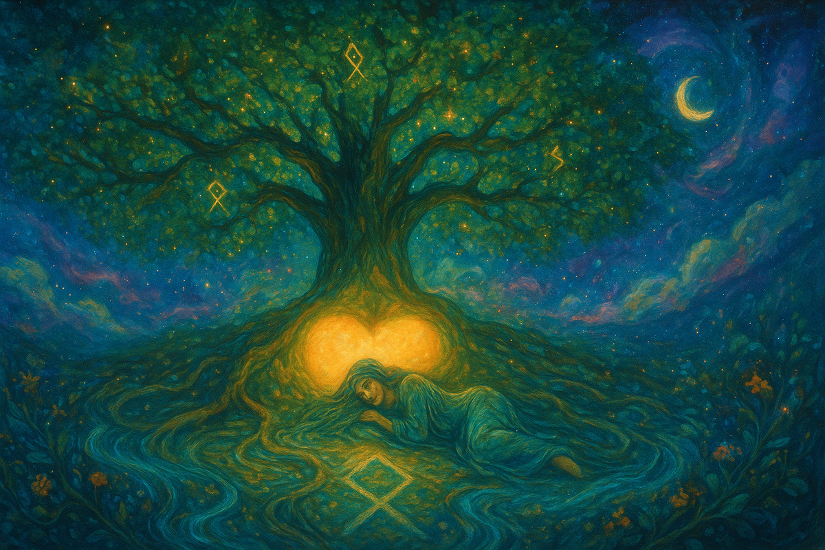 Мир-дерево в форме руны Беркана, у корней — энергия Отила и потоки Лагуз: эта иллюстрация передаёт глубинное исцеление через рунический расклад. Подойдёт тем, кто интересуется рунами, защитой рода и гаданиями на восстановление сил, здоровья и внутреннего равновесия.