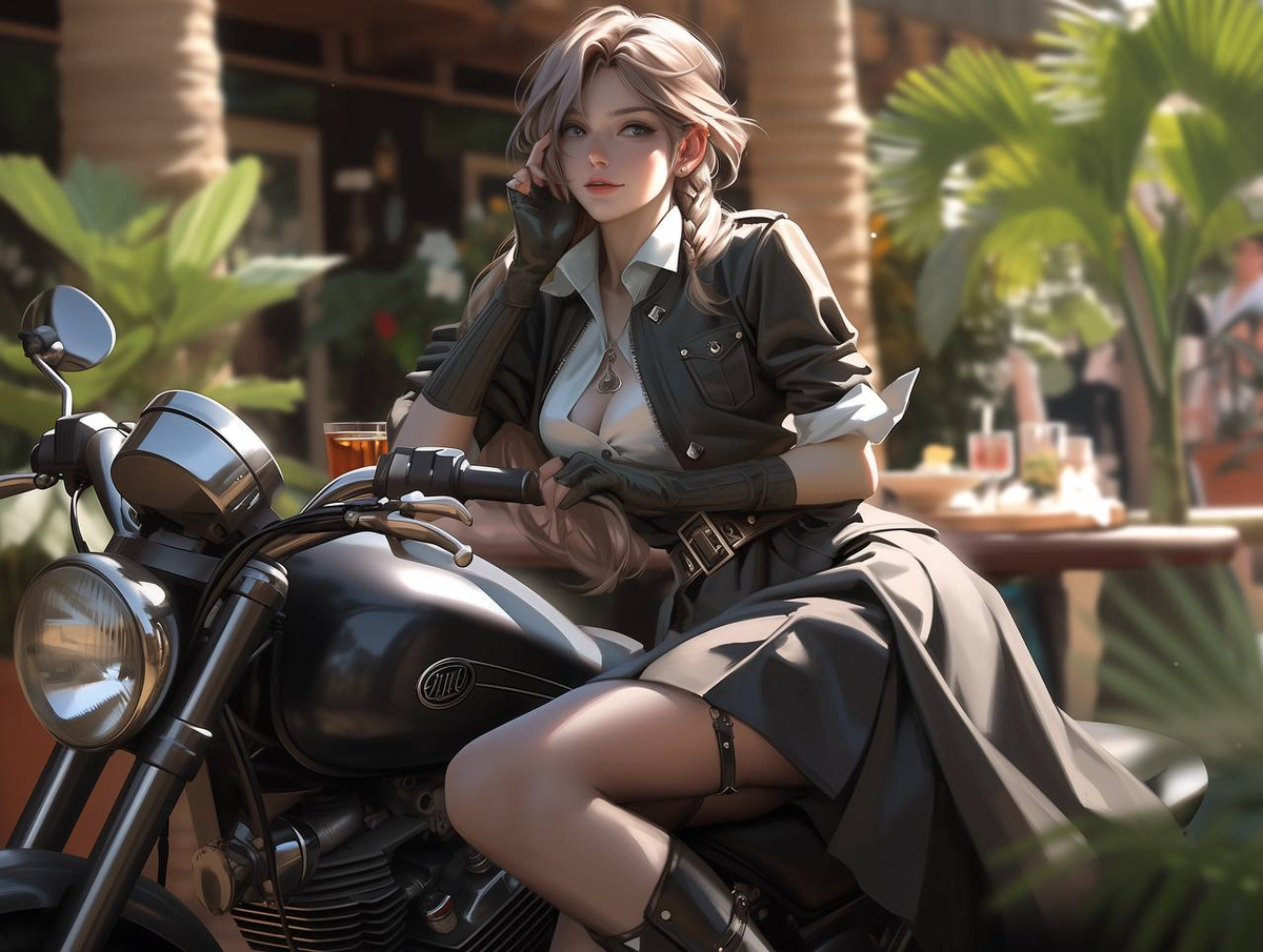 1. Свобода на колесах: Эта девушка в миниюбке и кожаной курточке уверенно сидит на своем мощном мотоцикле, готовая к приключениям. Ее взгляд полон решимости, а ветер развивает волосы, создавая ощущение свободы.