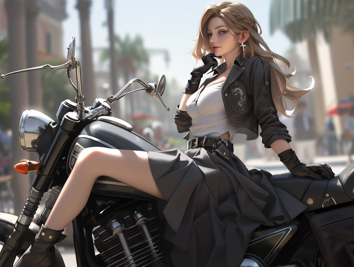 2. Скорость и элегантность: Девушка в юбке и кожаной куртке уверенно держит руль своего байка. Её поза говорит о том, что она знает, как управлять не только мотоциклом, но и своей жизнью.
