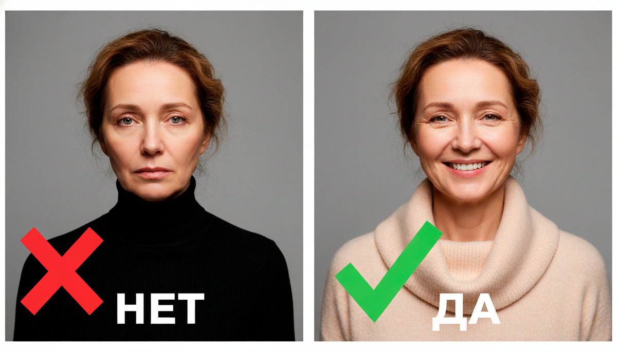 Слева — черный цвет подчеркнул каждую морщинку и синяки под глазами. Справа — правильный оттенок стер с лица 10 лет. Фотошоп? Нет, просто физика цвета.