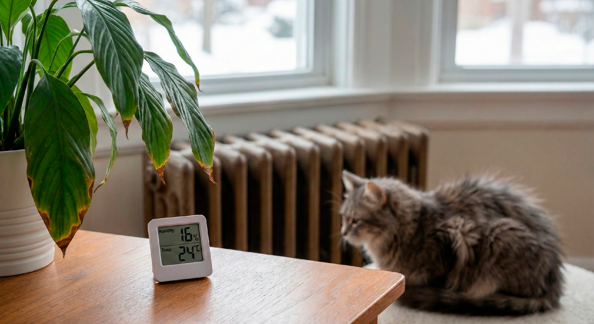 Типичная картина зимой: температура комфортная (24°C), а влажность критическая (16%).