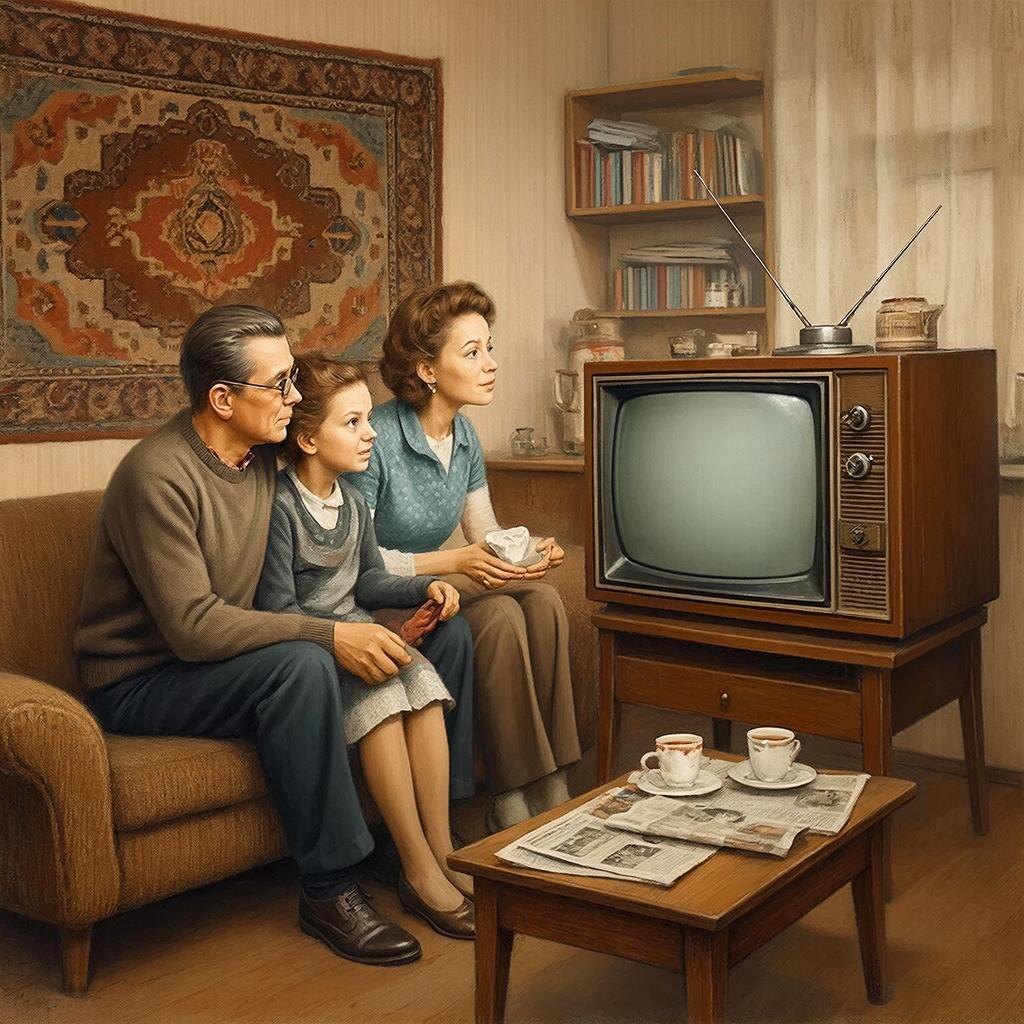 Семья у телевизора. Изображение сгенерировано сервисом GigaChat 