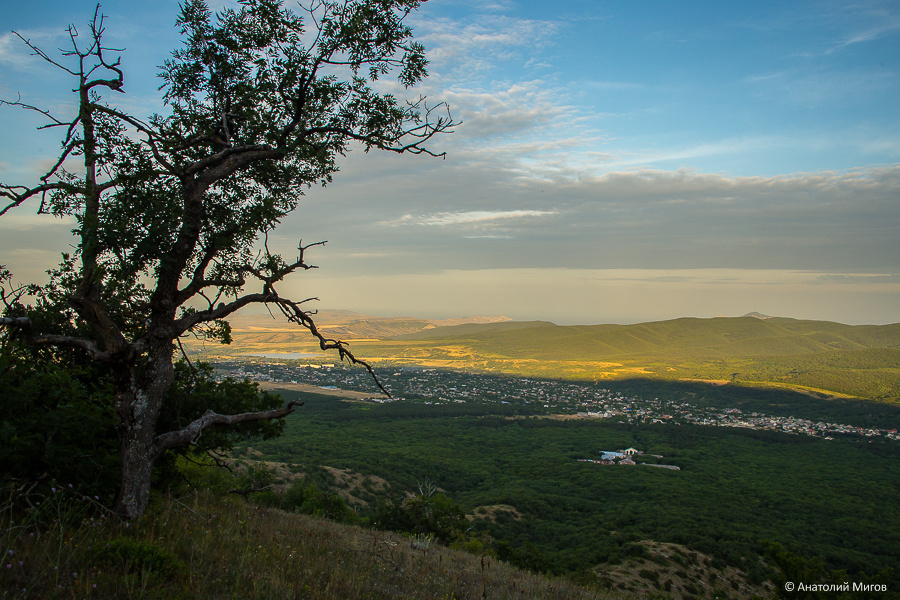 Вид на Старый Крым с горы Агармыш. В правой части снимка видны строения Старокрымского санатория, выглядывающие из лесного массива. В левой части можно разглядеть Старокрымское водохранилище.